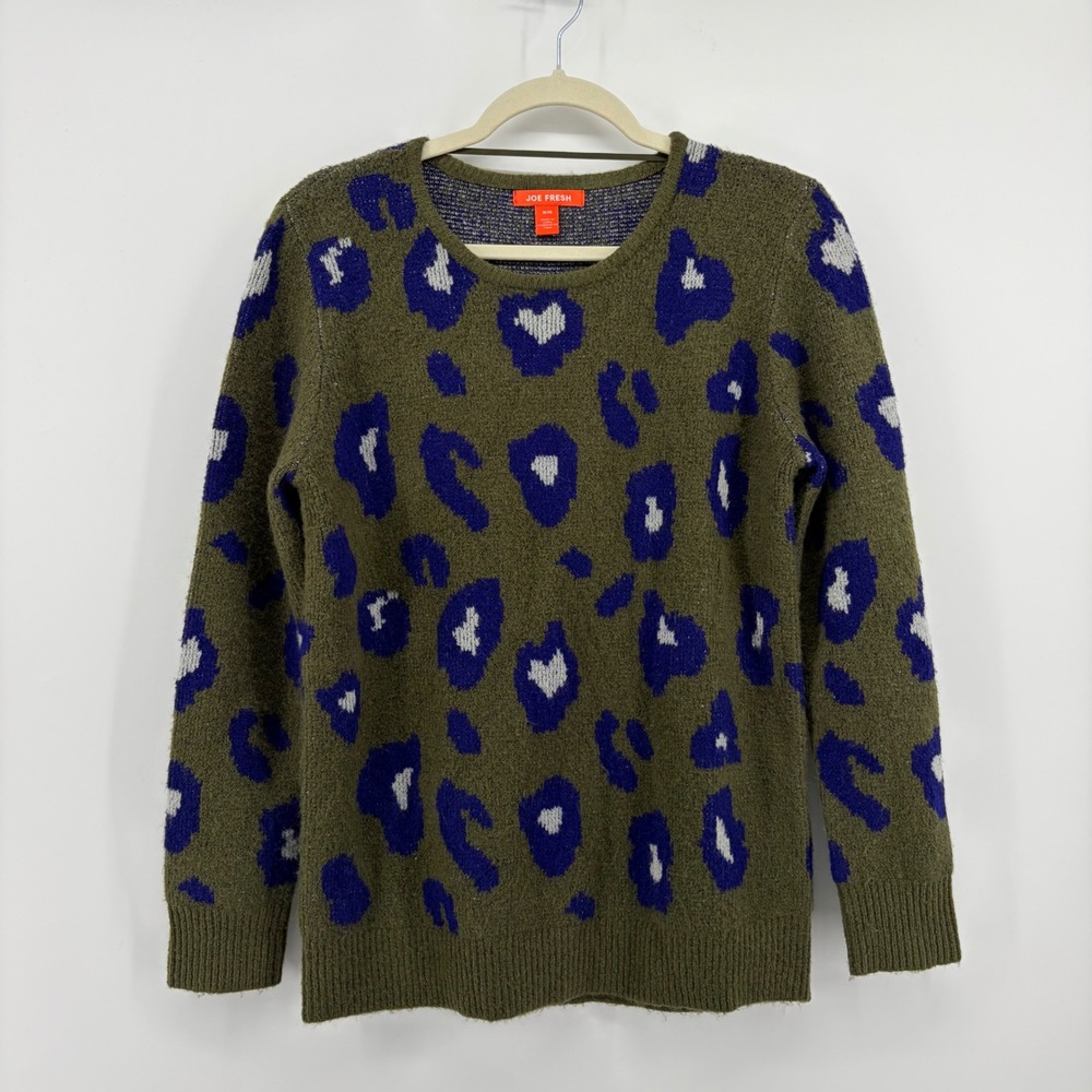 Joe Fresh Sweater Olive Green Size M Leopard Print Fuzzy Crew Neck Pullover